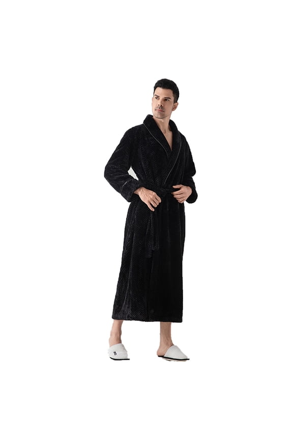 Men's Winter Full Length Robe, Warm Flannel Kimono Bathrobe Couple Thicken Plush Nightgown Black