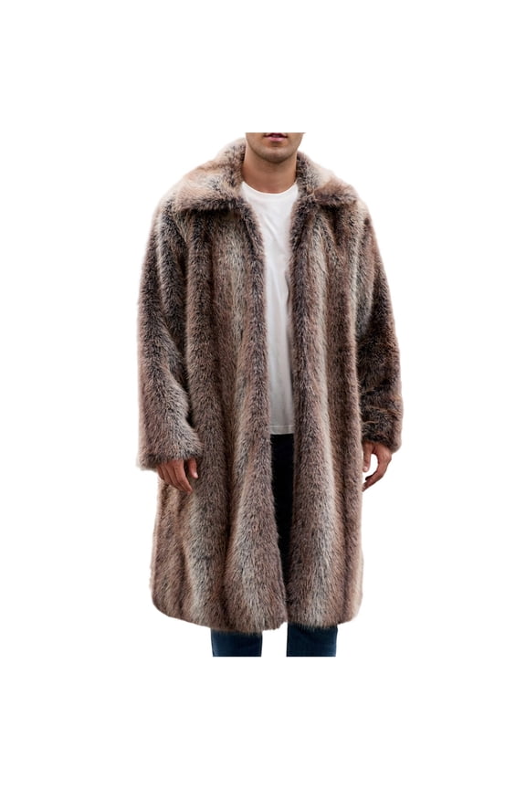 Men's Winter Long Sleeve Turn Collar Faux Fur Coat Outwear Long Parka Jacket Overcoat Brown