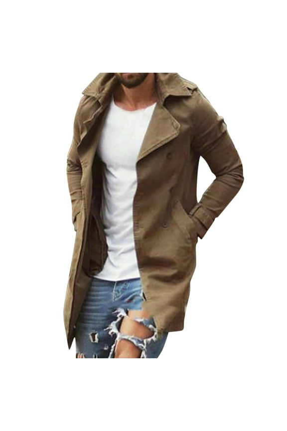Men's Winter Pea Coat Casual Woolen Trench Coat Single Breasted Short Wool Jacket Khaki
