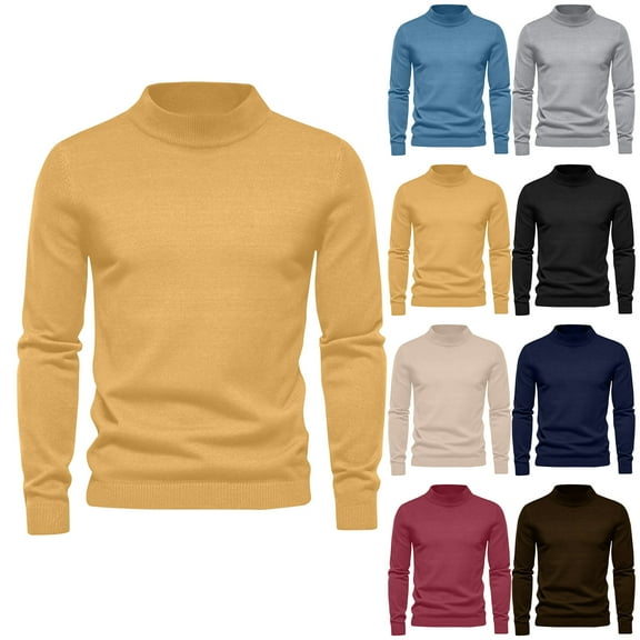 Miluxas Men's Winter Solid Color Base Sweater Solid Color Long Sleeved PulloverHigh Neck Sweater Yellow