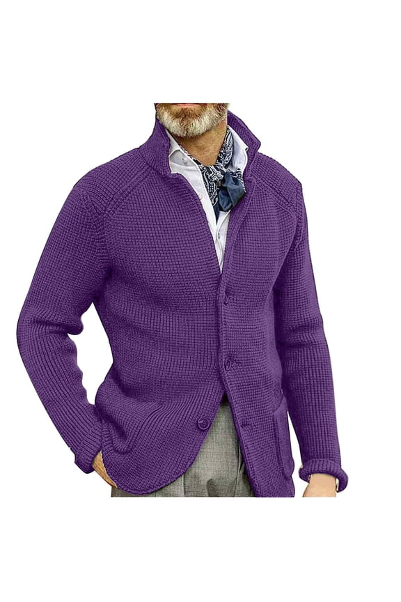 Men's Wool Blend Cardigan Sweater Cable Knit Shawl Collar Cardigan Button Up Classic Knitwear Purple