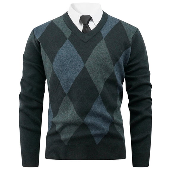Miluxas Men's Wool Blend Plaid Sweater V Neck Knitted Long Sleeve Argyle Pullover for Casual Or Dressy Wear Navy