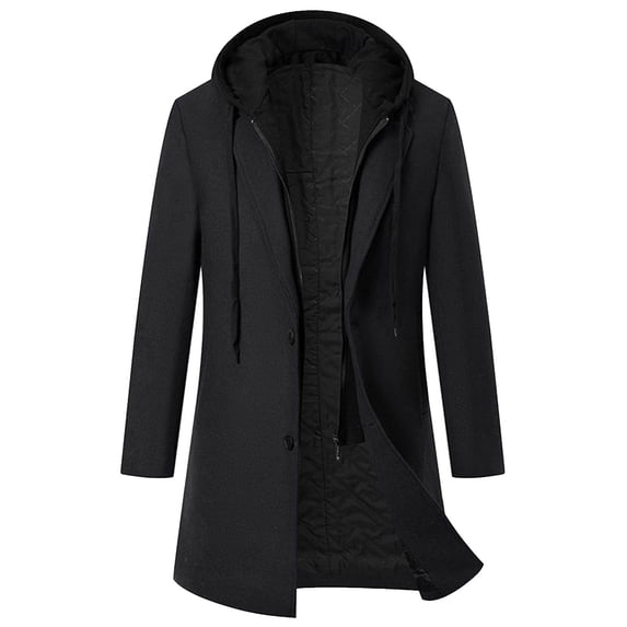 Miluxas Men's Wool Coat Hoodie Long Trench Coat Cotton Casual Woollen Overcoat Jacket Black