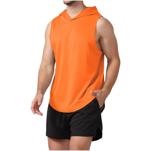 Miluxas Men's Workout Hooded Tank Tops Bodybuilding Muscle Cut off T Shirt Sleeveless Gym Hoodies Orange