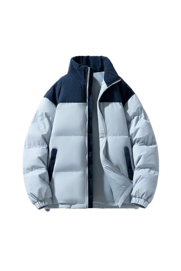 Men's Zip Up Warm Down Jackets Stand Collar Thickened Cotton Padded Jacket Casual Solid Color Bread Clothes Light Blue