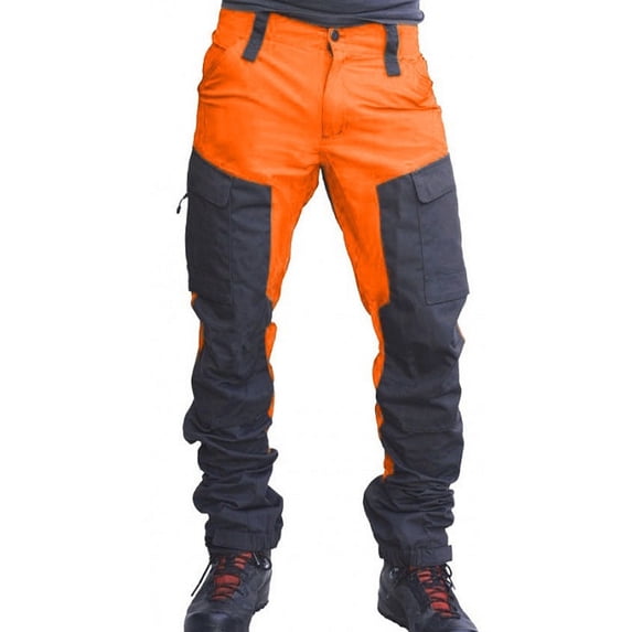 Miluxas Men's casual multi pocket work pants, fashionable contrasting color zipper straight leg pants Orange