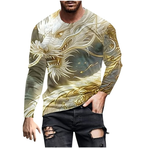 Miluxas Men's dragon print flower long sleeved round neck pullover Yellow