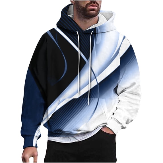 Miluxas Men's hooded bathroom light and shadow printed pullover long sleeved shirt Blue