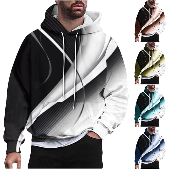 Miluxas Men's hooded bathroom light and shadow printed pullover long sleeved shirt Yellow