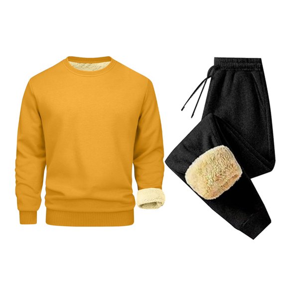 Miluxas Men's long sleeved velvet solid color pullover top with drawstring pants set Yellow