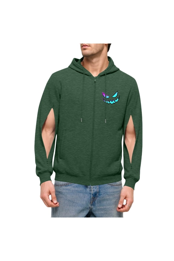 Men's printed double arm zipper cardigan hooded sweatshirt jacket pocket jacket long sleeved hooded casual jacket/jacket Army Green