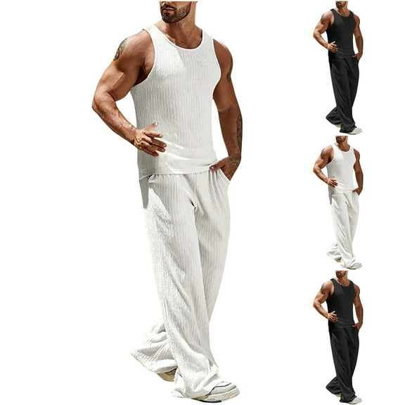 Miluxas Men's ribbed sleeveless round neck wide leg Knit two-piece set, summer slim fit T-shirt vest pants set Black