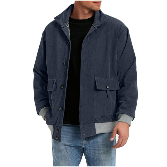 Miluxas Men's solid color long sleeved stand up collar button corduroy pocket jacket long sleeved hooded casual jacket/jacket Navy