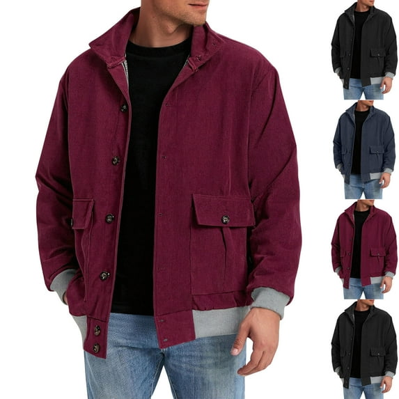 Miluxas Men's solid color long sleeved stand up collar button corduroy pocket jacket long sleeved hooded casual jacket/jacket White