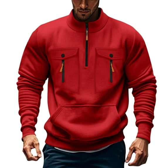 Miluxas Men's solid color long sleeved stand up collar pullover hoodie top Red