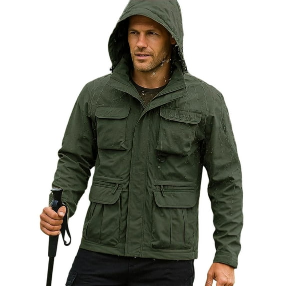 Miluxas Men's solid color outdoor pocket zipper long sleeved windproof and splash proof detachable arm submachine jacket hooded jacket Army Green
