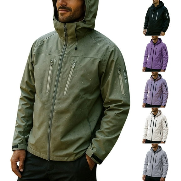 Miluxas Men's solid color outdoor pocket zipper long sleeved windproof and waterproof assault jacket hooded jacket White