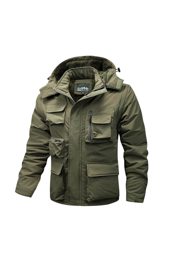 Men's solid color outdoor pocket zipper long sleeved windproof and splash proof fleece detachable arm submachine jacket hooded jacket Army Green