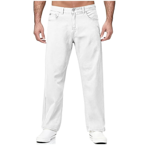 Miluxas Men's solid color washed straight leg pants White