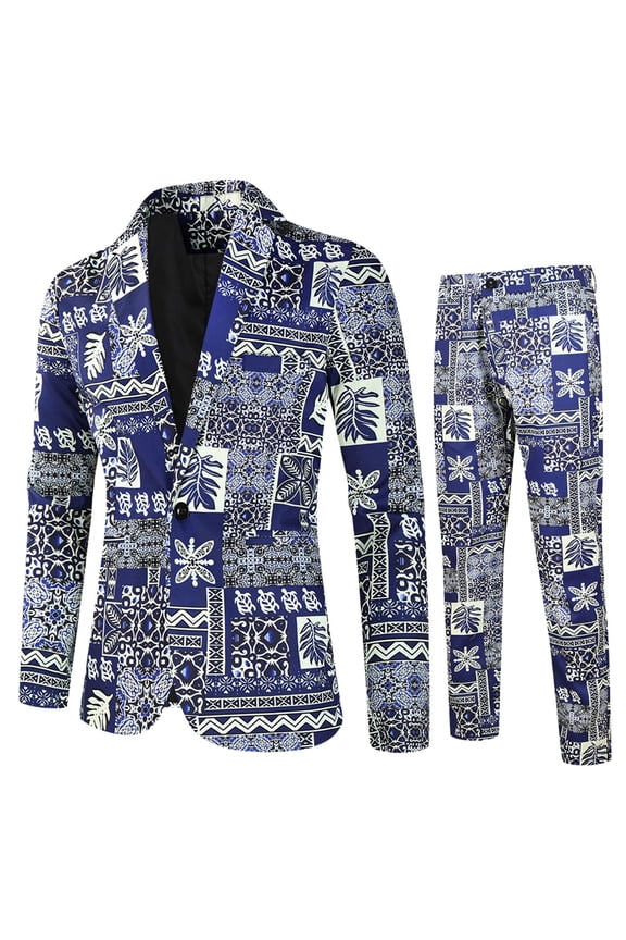 Mens 2 Piece Floral Dress Suit One Button Dinner Tuxedo Jacket & Pants Luxury Printed Wedding Blazer Blue
