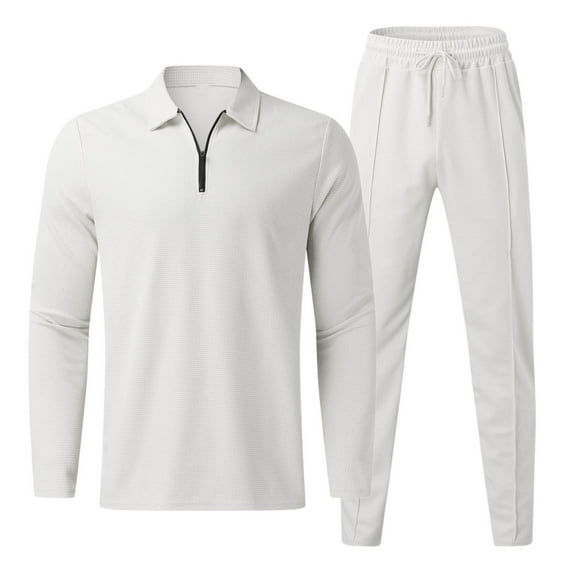 Miluxas Mens 2 Piece Set Casual Outfits Polo Long Sleeve Shirt & Pants Tracksuit Loungewear Athletic Jogger Sweatsuit White