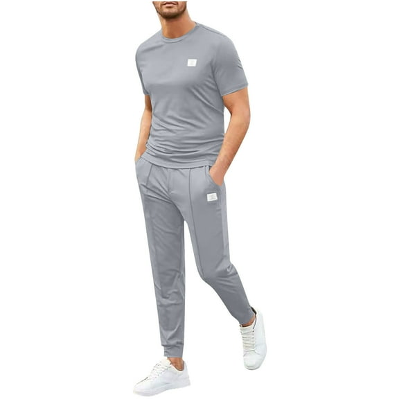 Miluxas Mens 2 Piece Sweatsuits Outfits Short Sleeve Pullover Loungewear & Joggers Sweatpants Summer Casual Track Suits Set Gray S(S)