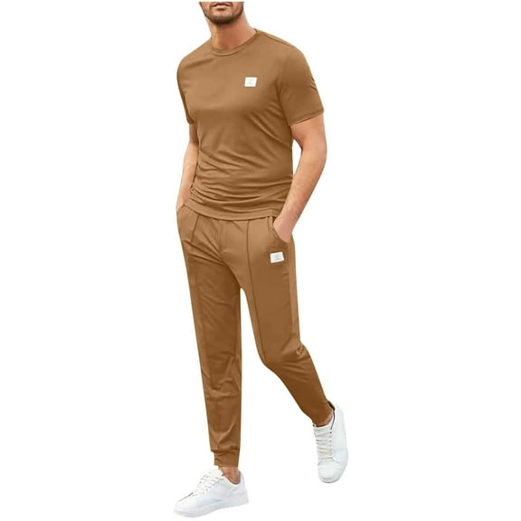Miluxas Mens 2 Piece Sweatsuits Outfits Short Sleeve Pullover Loungewear & Joggers Sweatpants Summer Casual Track Suits Set Khaki S(S)