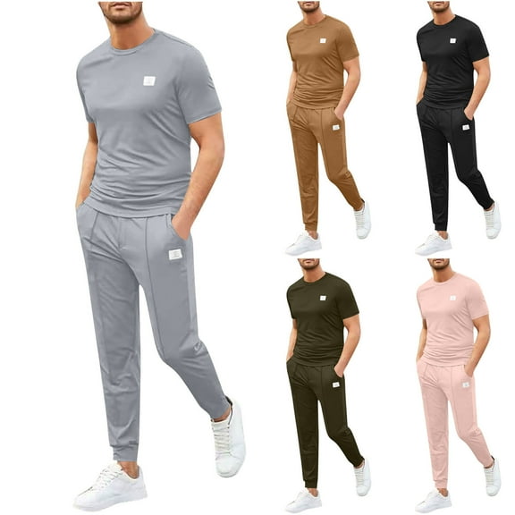 Miluxas Mens 2 Piece Sweatsuits Outfits Short Sleeve Pullover Loungewear & Joggers Sweatpants Summer Casual Track Suits Set Rose Gold XL(XL)