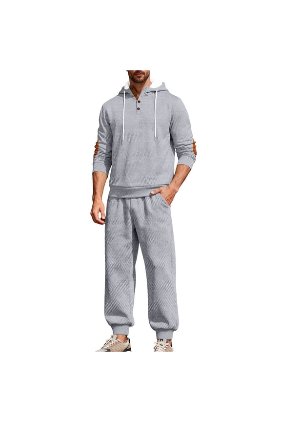Mens 2 Piece Sweatsuits Sets Stand Collar Button Elbow Patch Long Sleeve Sweatshirts Pants Outdoor Loose Sport Suits Gray