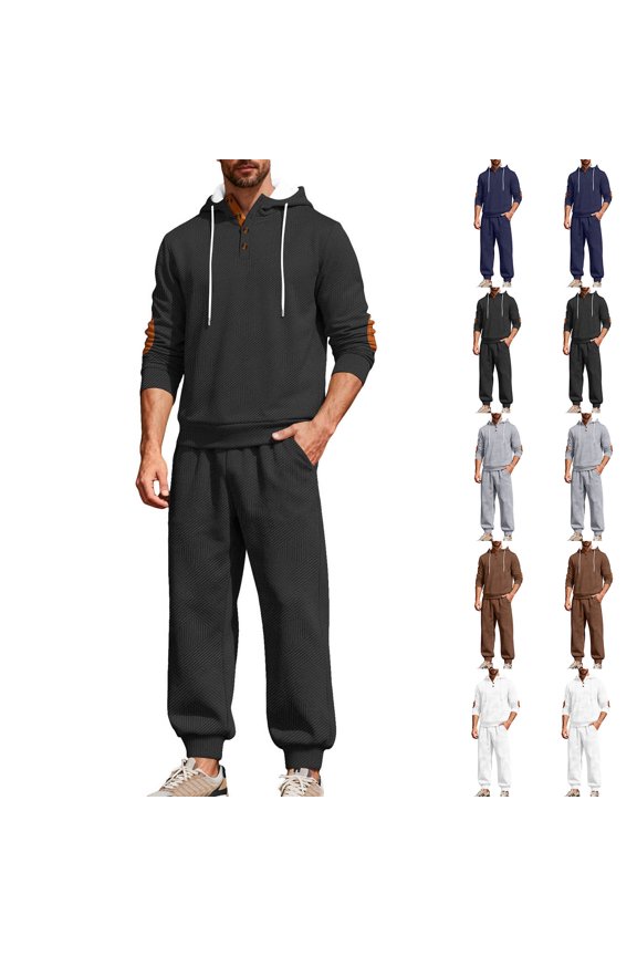 Mens 2 Piece Sweatsuits Sets Stand Collar Button Elbow Patch Long Sleeve Sweatshirts Pants Outdoor Loose Sport Suits White