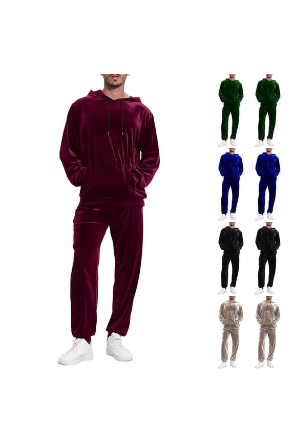 Mens 2 Piece Velour Hoodie Tracksuit Long Sleeve Velvet Hooded Pullover Casual Athletic Jogging Sweatsuit Set Wine