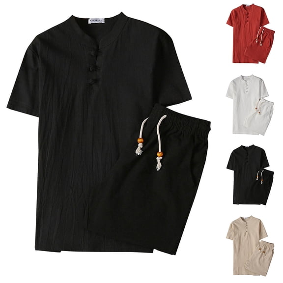 Miluxas Mens 2 Pieces Cotton Linen Sets Short Sleeve Casual Henley Shirt Summer Beach Pants Lounge Vacation Outfits Set White