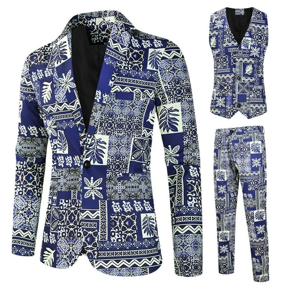 Miluxas Mens 3 Piece Floral Suit Jacquard Dress Tuxedo Suit Set for Wedding Prom Jacket Vest Pants with Bow Tie Navy