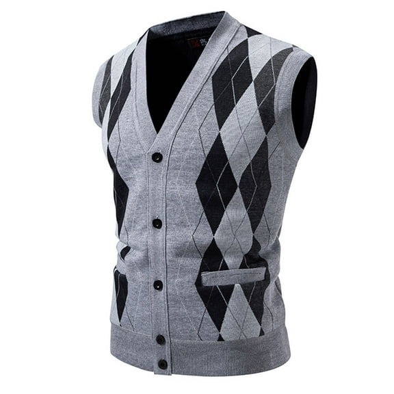 Miluxas Mens Argyle Sweater Vests Classic V-Neck Sleeveless Pullover Grey Black Knitwear Nice Tank Tops for Dad Husband Gray