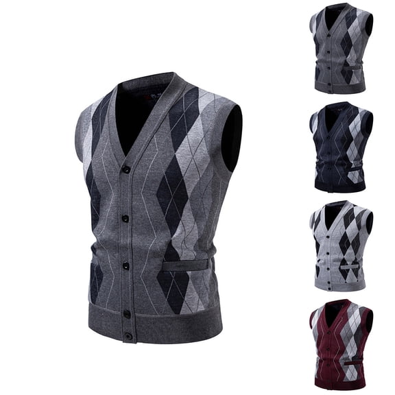 Miluxas Mens Argyle Sweater Vests Classic V-Neck Sleeveless Pullover Grey Black Knitwear Nice Tank Tops for Dad Husband Wine
