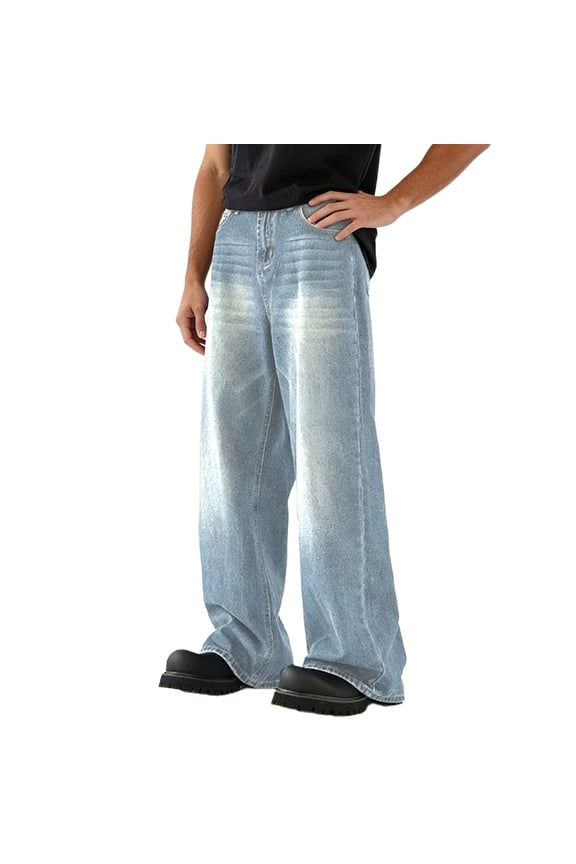 Mens Baggy Jeans for Men Vintage Plain Pants Casual Wide Leg Jeans Loose Fit Denim Jeans Light Blue L(L)