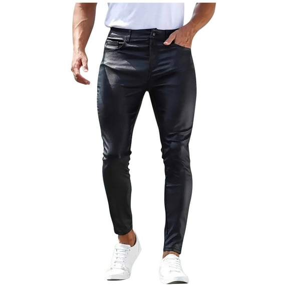Miluxas Mens Business Casual High Waist Straight Leg PU Faux Leather Biker Pants Black