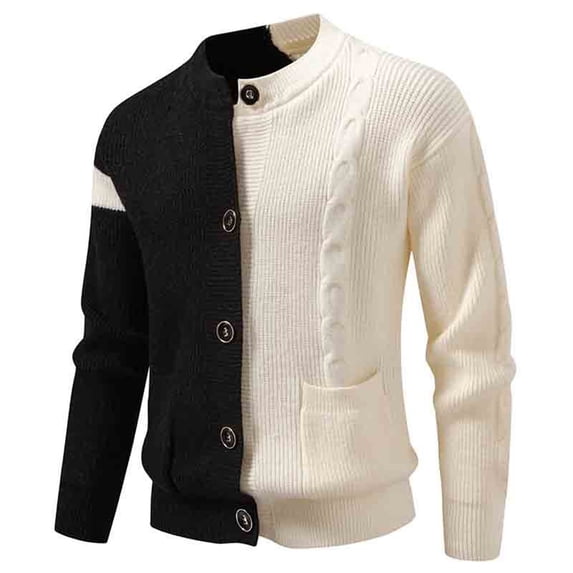 Miluxas Mens Cardigan Sweater Button Up Stand Collar Sweater Knit Textured Sweaters Black