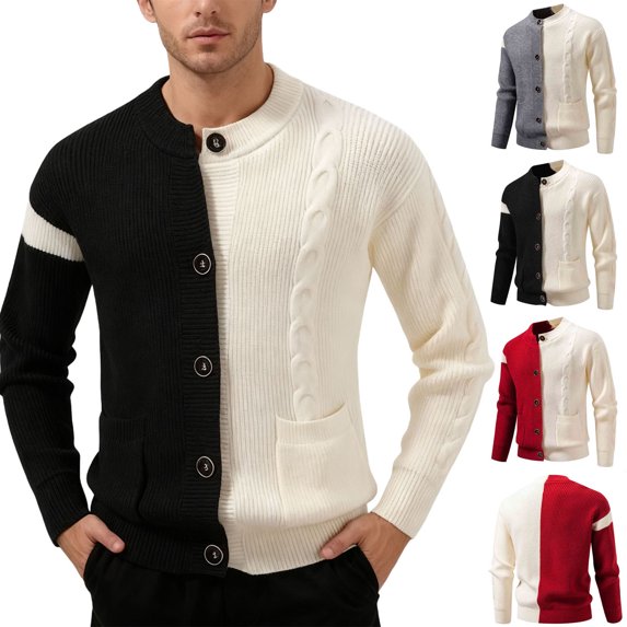 Miluxas Mens Cardigan Sweater Button Up Stand Collar Sweater Knit Textured Sweaters Red