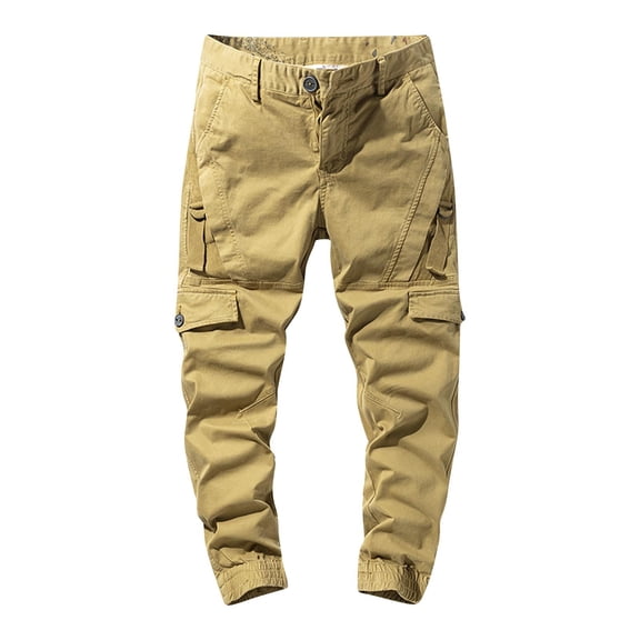 Miluxas Mens Cargo Pants Elastic Waist Drawstring Relaxed Fit Outdoor Joggers Straight Leg Hiking Workout Pants with Pockets Khaki