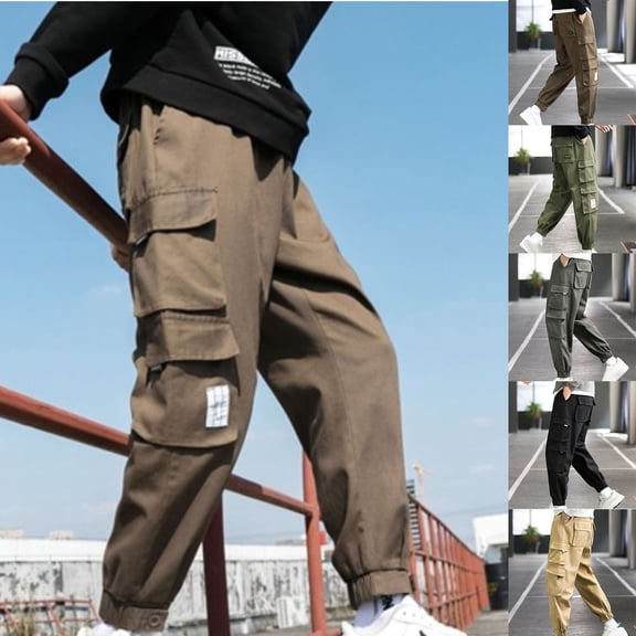 Miluxas Mens Casual Cargo Pants Relaxed Fit Cotton Work Jogger Sports Outdoor Trousers with Pockets Khaki