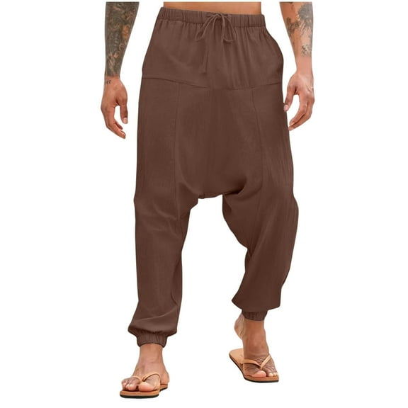 Miluxas Mens Casual Harem Pants Baggy Aladdin Hippie Elastic Waist Drop Crotch Trousers Coffee