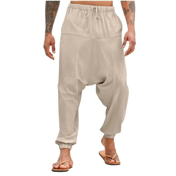 Miluxas Mens Casual Harem Pants Baggy Aladdin Hippie Elastic Waist Drop Crotch Trousers Khaki