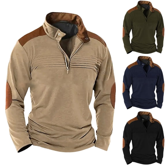 Miluxas Mens Casual Knitted Pullover Sweatshirts Long Sleeve Stand Collar Vintage Button Sweaters with Elbow Patches Navy