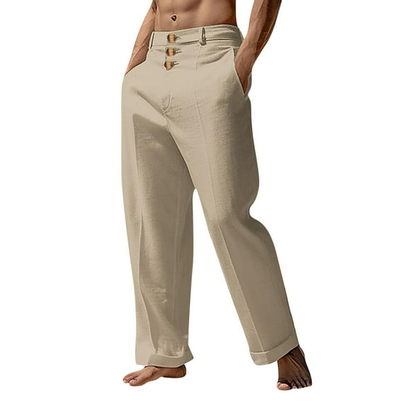 Miluxas Mens Casual Linen Pants Loose Fit Elastic Drawstring Waist Straight-Legs Summer Yoga Beach Long Pants Khaki