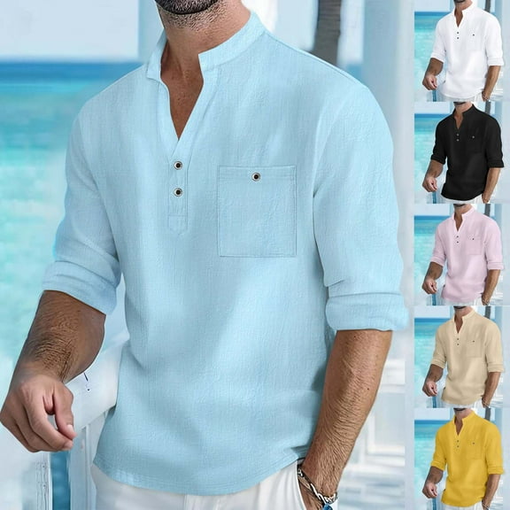 Miluxas Mens Casual Linen Shirts 3/4 Sleeve Button Down Banded Collar Summer Beach Shirt Yellow