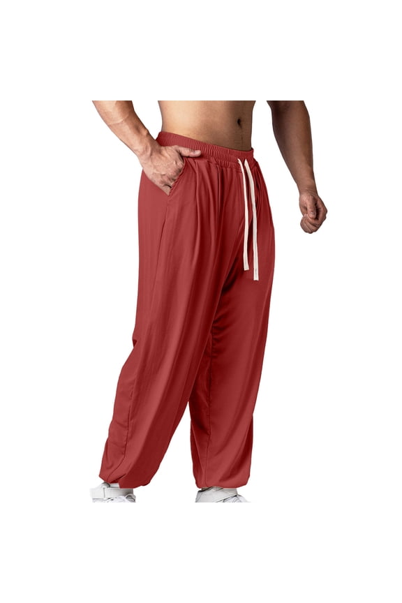 Mens Casual Pants Elastic Waist Chino Pants Lightweight Drawstring Pants with Pockets Red