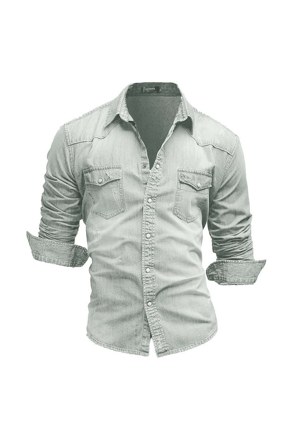 Mens Chambray Denim Shirt Long Sleeve Button Down Casual Jean Dress Shirt Work Cowboy Light Blue