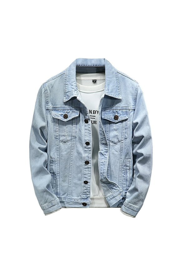 Mens Classic Lapel Jean Jacket Casual Slim Fit Trucker Cowboy Coat Pocket Casual Front Denim Men Jackets Light Blue