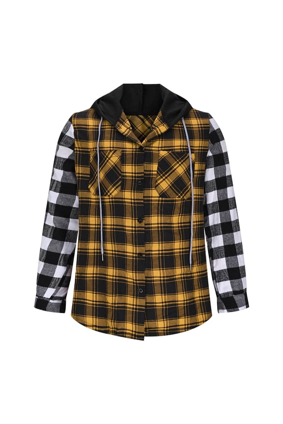 Mens Classic Plaid Long Sleeve Hooded Shirts Pockets Light Jacket Loose Fit Casual Outwear Yellow XXXL(XXXL)